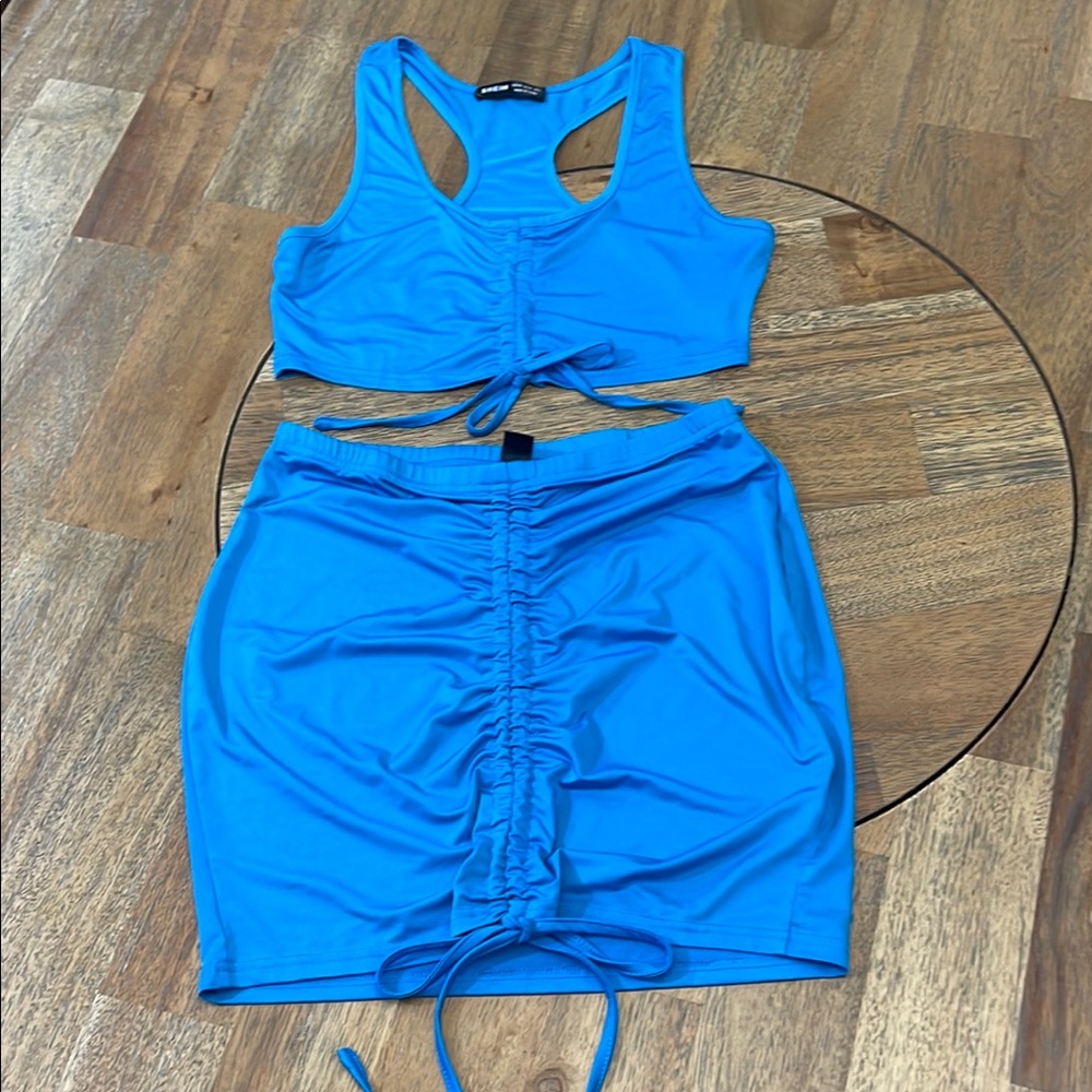 Blue Ruched Mini‎ Skirt Set
